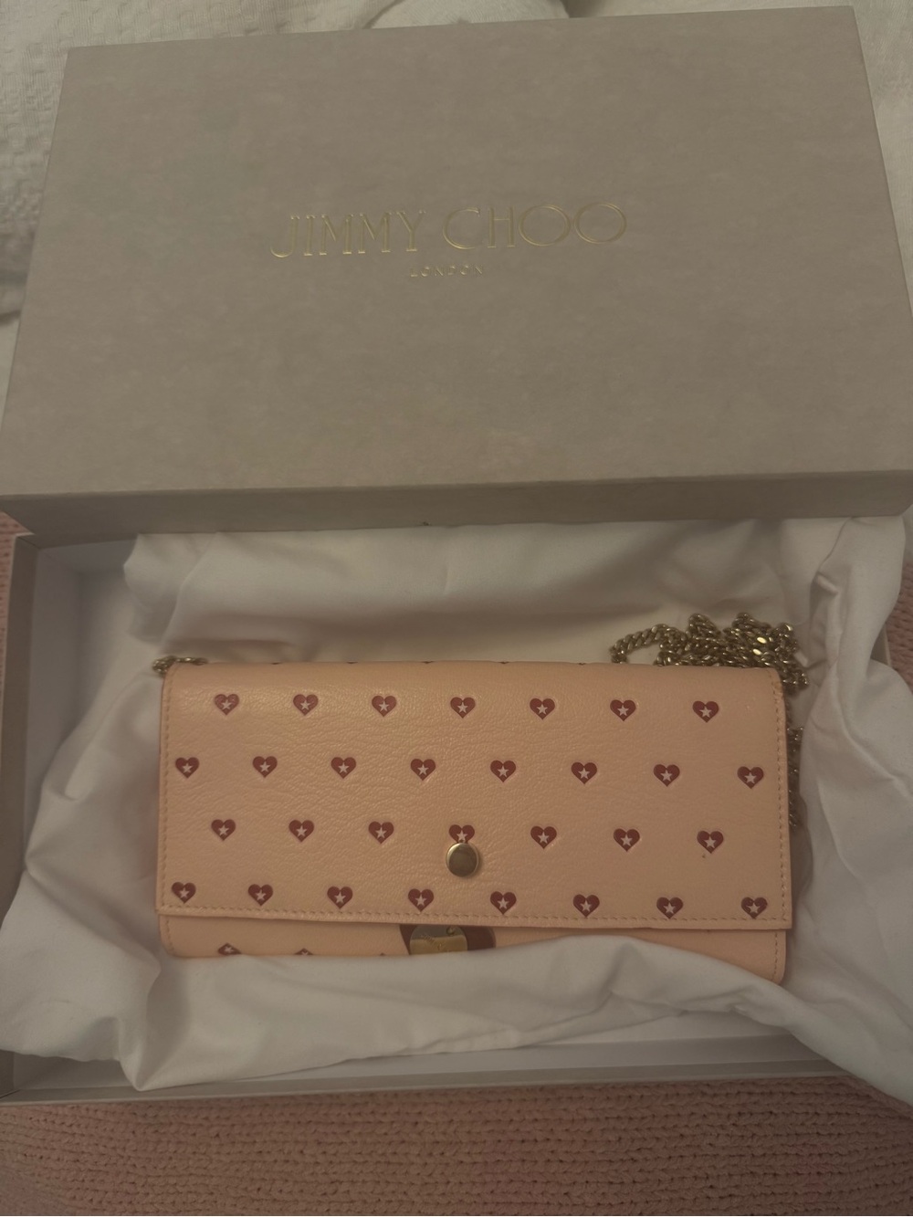 Jimmy Choo Blush Pink Heart-Print Leather Crossbody with Gold Chain